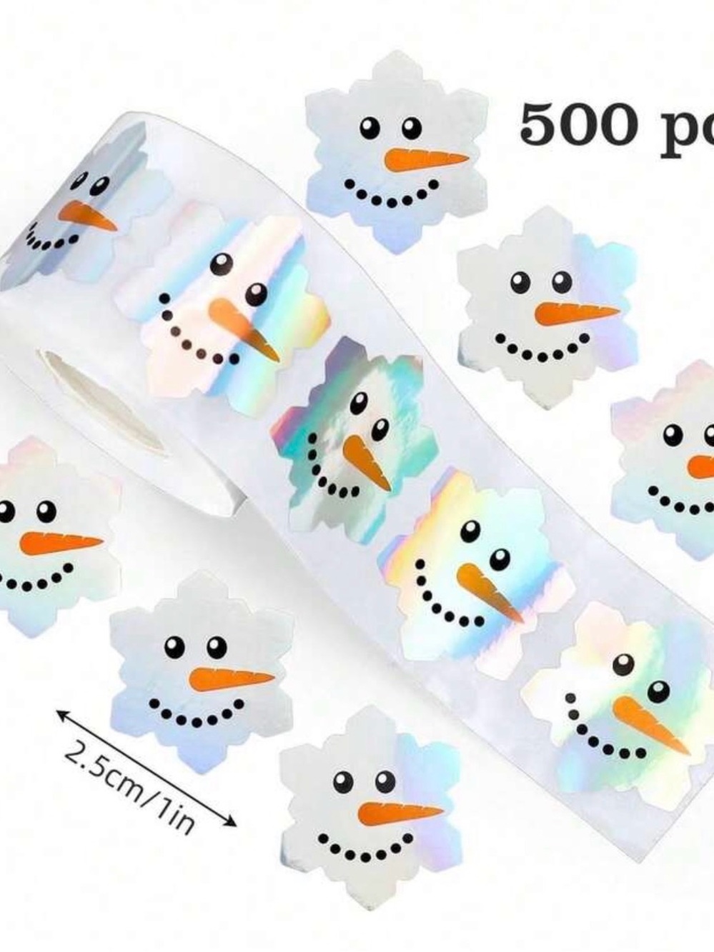Holographic Snowman Sticker Roll - White Snowflake Design